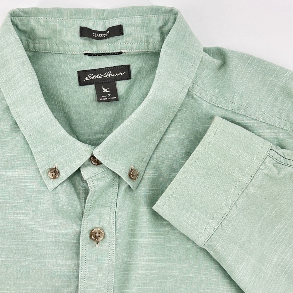 Eddie Bauer Mens XL Shirt Classic Fit Button Down Green Cotton Casual